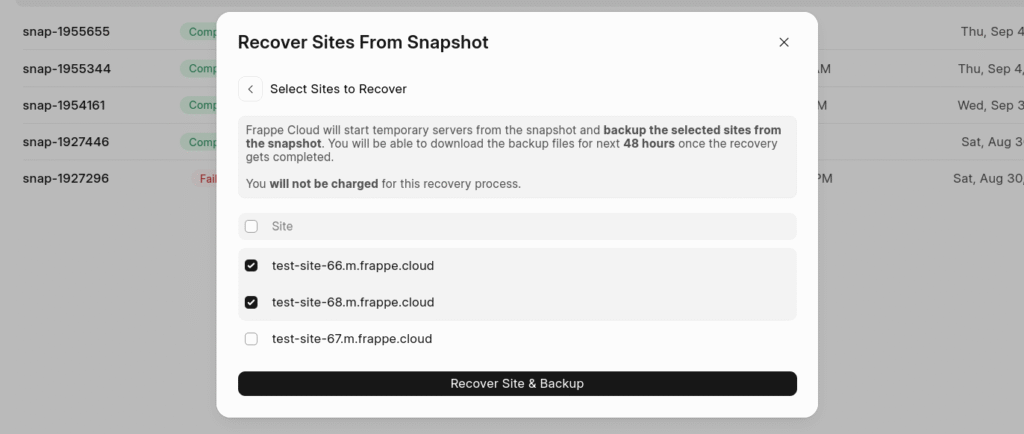 Quản lý bản sao lưu máy chủ 

Frappe Cloud hiện đã hỗ trợ tạo và quản lý bản sao lưu cho máy chủ, giúp doanh nghiệp khôi phục hệ thống nhanh chóng khi cần.

Người dùng có thể tạo bản sao lưu chuyên biệt và lưu giữ bao lâu tùy ý, chỉ với một khoản chi phí nhỏ.
Việc khôi phục dữ liệu từ snapshot (bản chụp trạng thái hệ thống tại một thời điểm rất đơn giản và có thể thực hiện chỉ trong vài bước ngắn.
Tính năng này giúp đảm bảo an toàn dữ liệu và rút ngắn thời gian xử lý sự cố.

nhat-ky-cap-nhat-erpnext-frappe-thang-9-2025-10
