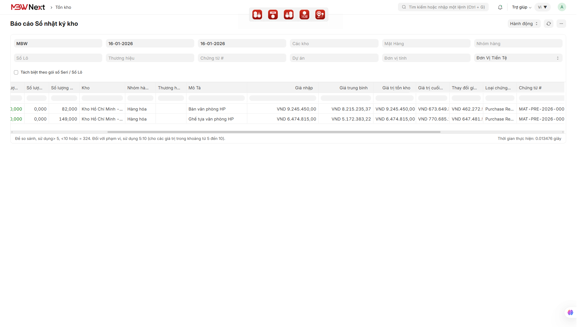 Báo cáo sổ nhật ký kho