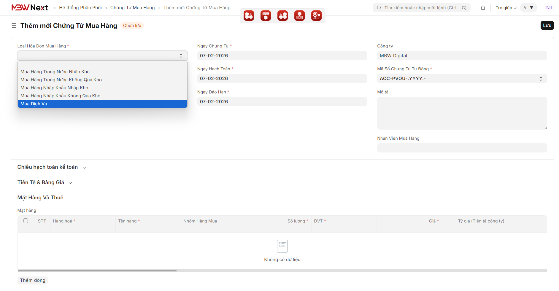 Tùy chọn loại hình mua hàng khi thêm mới Chứng từ mua hàng (Purchase Voucher)